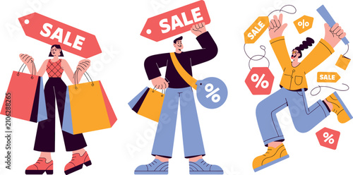 Foto Set of three illustrated characters engaged in shopping and sales activities: a
