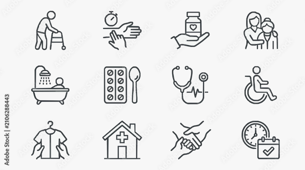Fototapeta premium Industrial Style Black and White Line Icons Set Featuring Healthcare Elderly Care Medical Assistance and Daily Activities