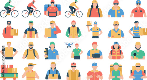 Fotografia Collection of twenty-four flat-style illustrated portraits and icons featuring delivery personnel, couriers, and logistics workers engaged in various tasks related to shipping and transport