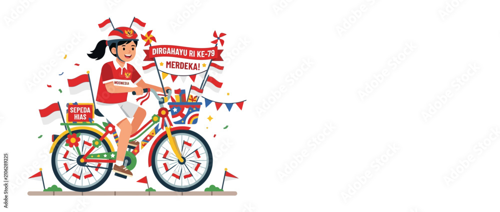 Fototapeta premium Joyful Child Riding Decorated Bicycle with Flags