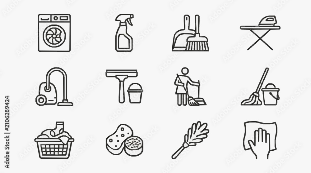 Fototapeta premium Clean Monochrome Line Icons Set Showing Various Household Cleaning Tools and Activities in Black and White
