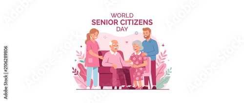 Happy senior citizens with family, illustration