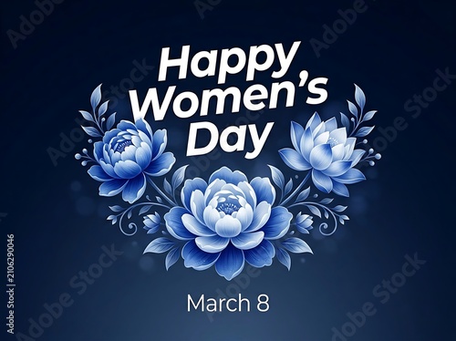 Beautiful blue floral arrangement with happy womens day greeting card design template