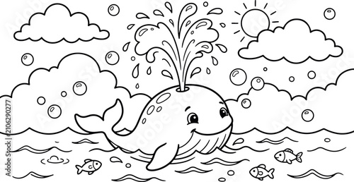 Photos Whale spouting water cartoon illustration for children's activities