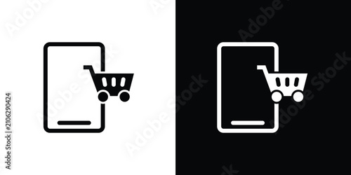 Принти на полотні Simple smartphone and shopping cart outline vector icon isolated on black and white backgrounds