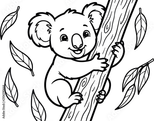 Bild auf Leinwand Cute koala clinging to tree branch black and white cartoon illustration
