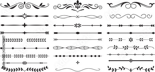 Set of decorative calligraphic dividers and vintage ornaments for page decoration and elegant branding elements in antique style.