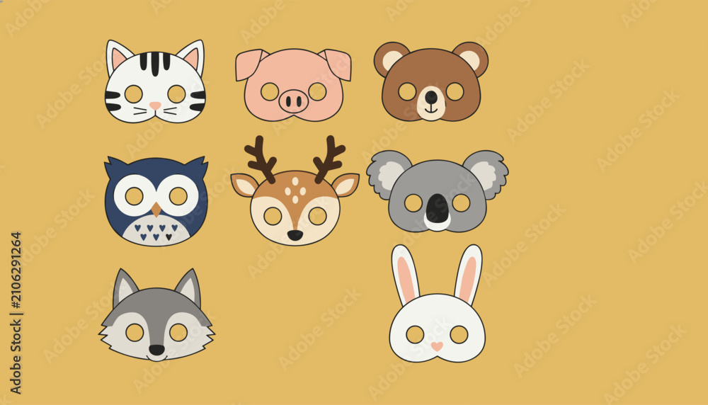 Fototapeta premium Cute animal masks for children birthday parties featuring cartoon cat, pig, bear, owl, deer, koala, wolf, and rabbit.