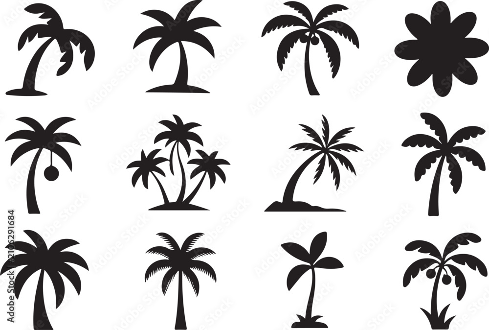 Fototapeta premium Palm tree silhouettes set features tropical coconut plants with different leaf styles for summer beach and vacation theme art.