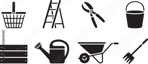 Collection of gardening tool silhouettes for landscaping and horticulture featuring basket ladder shears bucket crate shovel.