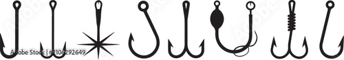 Assortment of fishing hook silhouettes in various shapes and sizes for angling, sport, and outdoor activities.
