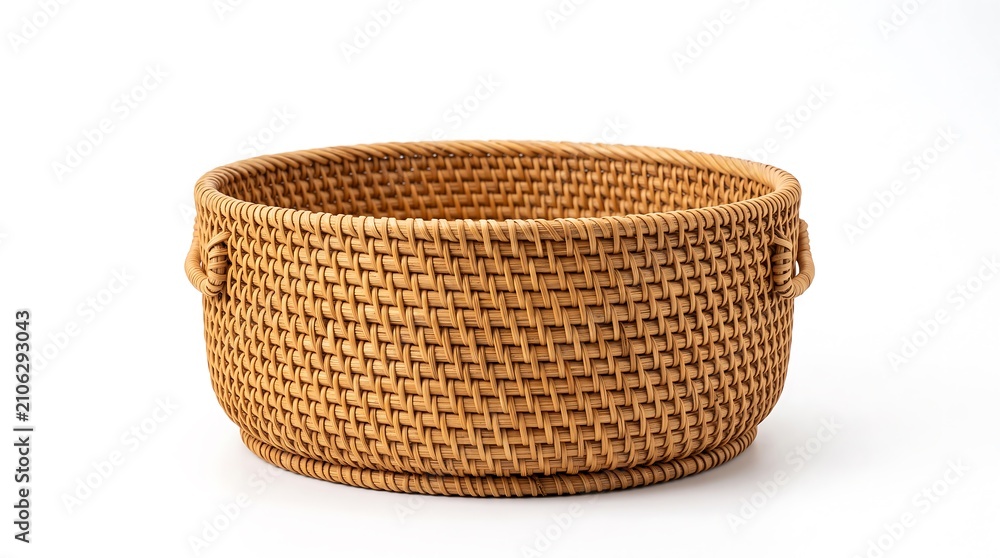 Empty Round Woven Rattan Basket Container for Home Organization and Natural Decorative Storage Solutions Isolated on White Background