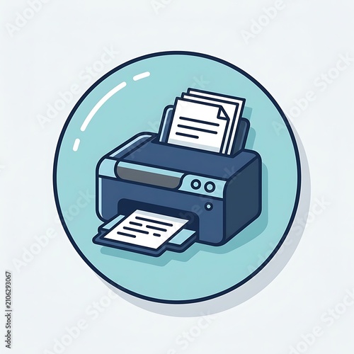 Digital document printing machine symbol displayed inside a circular button icon representing modern office equipment and professional paper processing