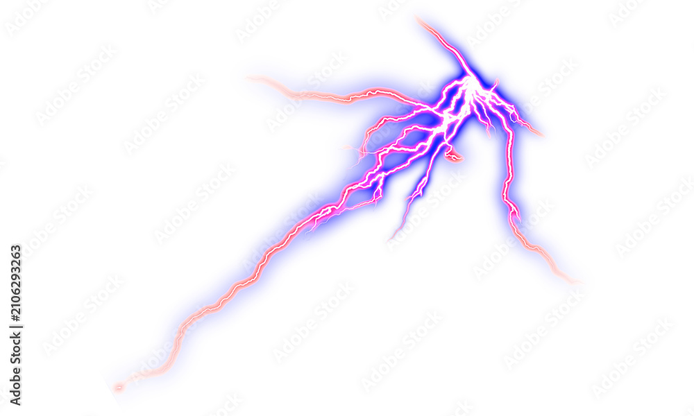 Obraz premium Purple lightning bolt effect. Electric discharge sparks and neon thunderbolt. Light overlay isolated on transparent background.