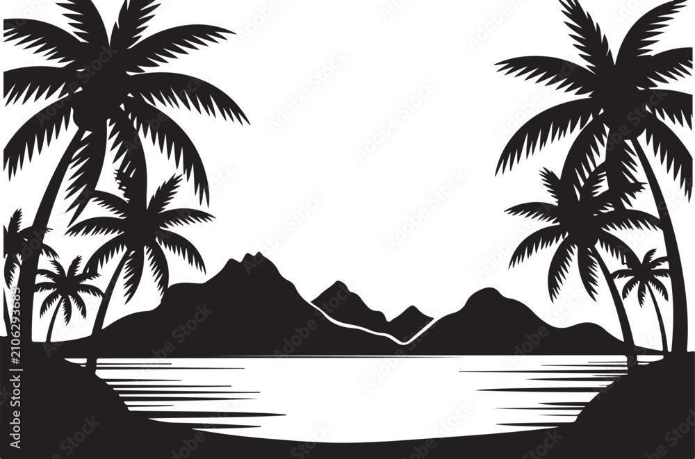 Obraz premium Tropical island with palm trees and mountains on water horizon, black silhouette isolated transparency background.