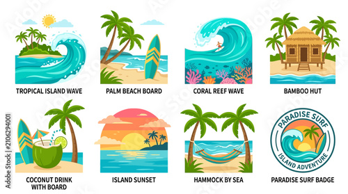 Tropical island scenes depict vibrant surf culture featuring palm trees, ocean waves, bamboo huts, and relaxing beach hammocks designed in a colorful flat vector style for summer travel themes.