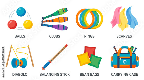 Juggling equipment including colorful clubs and balancing sticks are presented as a set of icons to illustrate circus skills and performance arts for entertainment industry promotional graphics.