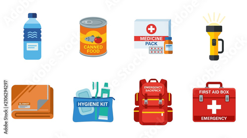 Emergency Preparedness Kit Vector Set of Essential Survival Supplies, Including Water, Food, First Aid, and Light for Safety and Disaster Readiness