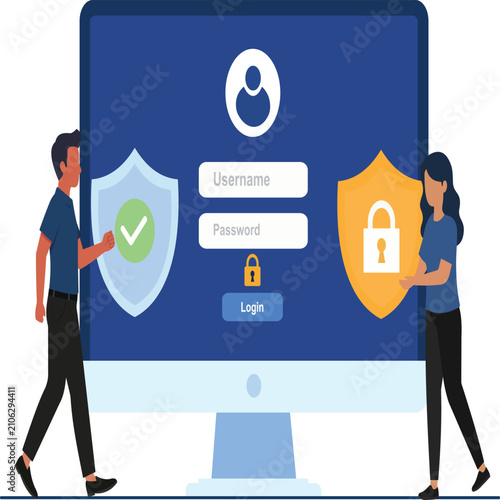 User Login Security Concept with People Holding Protective Shields