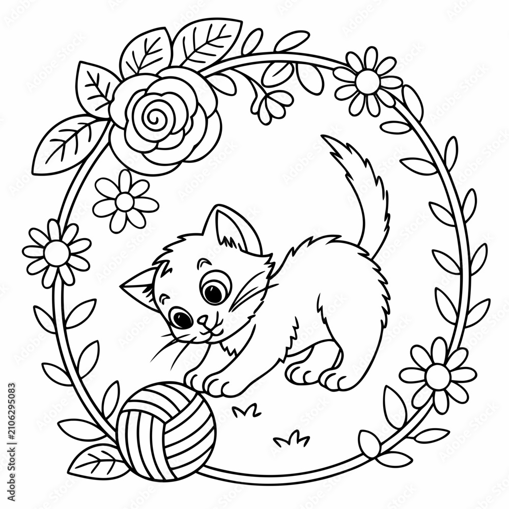 Fototapeta premium International Cute Cat Day Black and White Floral Kitten with Yarn Ball Line Art Vector Illustration