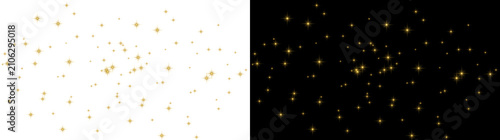Stars glowing golden sparkle collection with radiant shining light effects for creative overlays featuring PNG, Transparent and Black Background Versions