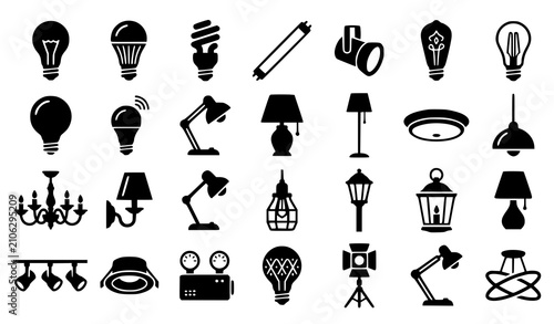 Cuadro en lienzo Various Light Bulbs and Lamps Black Silhouette Vector Icon Collection with Vinta