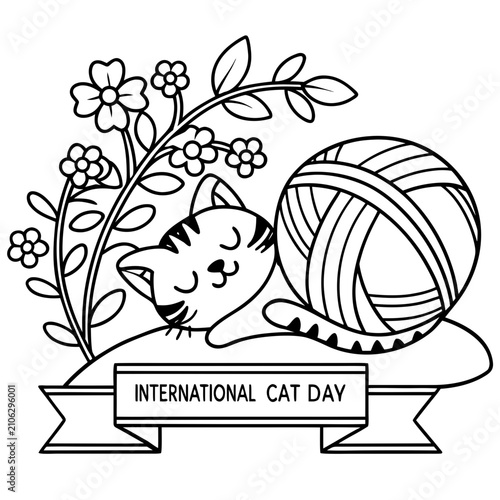 International Cute Cat Day Black and White Floral Kitten with Yarn Ball Line Art Vector Illustration