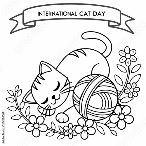 International Cute Cat Day Black and White Floral Kitten with Yarn Ball Line Art Vector Illustration