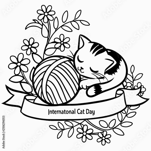 International Cute Cat Day Black and White Floral Kitten with Yarn Ball Line Art Vector Illustration