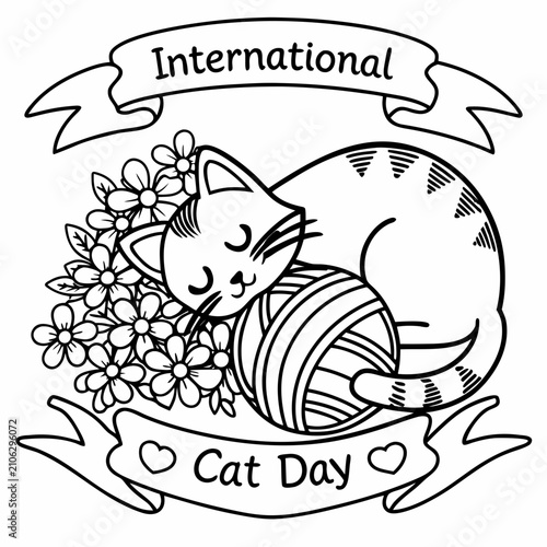 International Cute Cat Day Black and White Floral Kitten with Yarn Ball Line Art Vector Illustration
