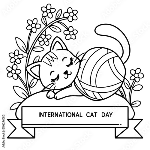 International Cute Cat Day Black and White Floral Kitten with Yarn Ball Line Art Vector Illustration
