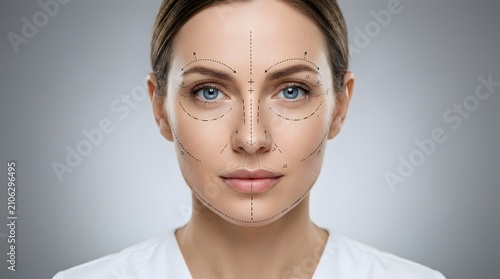Facial analysis for cosmetic procedures woman's face with aesthetic measurement lines and proportions