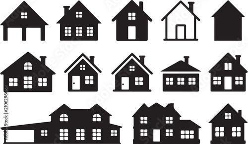 Residential architecture building silhouettes set featuring various suburban house styles with roofs and chimneys isolated.