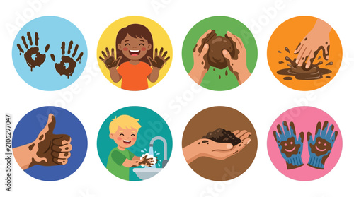 Vector Set Of Kids Playing With Mud, Washing Hands, And Showing Cleanliness With Positive Gestures Like Thumbs Up And Smudged Faces After Outdoor Activities In A Playful And Educational Manner