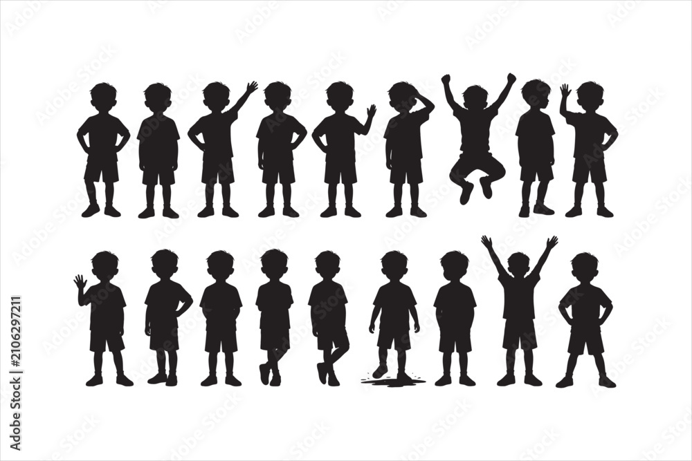 Fototapeta premium Collection of children silhouettes in various poses, standing, waving, jumping and playful actions. Black vector set isolated on white background.