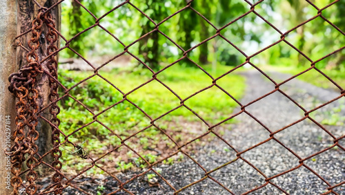 Rusty Fence and Overgrown Path: A weathered rusty chain-link fence with a locked chain guards a secluded, overgrown path winding through lush green foliage.