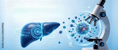 Medical research concept of liver disease, holographic human liver, virus cells and microscope, technological background for liver pathology research and hepatobiliary health detection