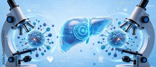 Medical research concept of liver disease, holographic human liver, virus cells and microscope, technological background for liver pathology research and hepatobiliary health detection