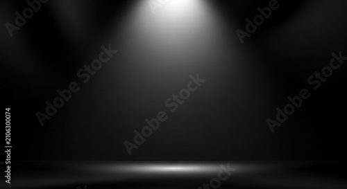 Konstfotografi Bright illumination radiates from overhead spotlights onto a dark, empty stage f