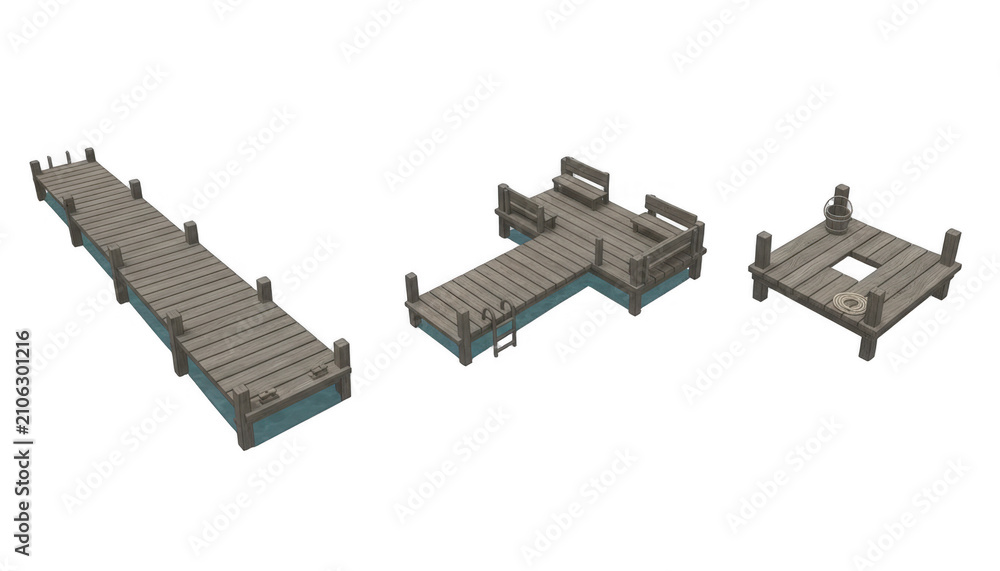 Obraz premium Set of Three Wooden Lake Docks and Piers
