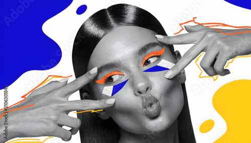 Black and white woman portrait with bright colorful graphic makeup. Modern pop art and creative fashion design. Female model showing peace signs and making a playful face