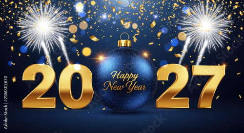 Golden new year 2027 celebration with fireworks and a dark blue ornament