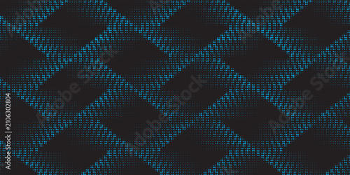 Abstract blue halftone seamless pattern with rounded diamond shapes made of dotted texture, creating a modern geometric background.