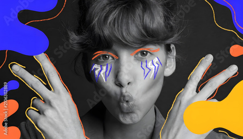 Creative young woman portrait with colorful graphic doodles. Gen z self expression and modern art fashion. Playful female making funny face and showing peace sign