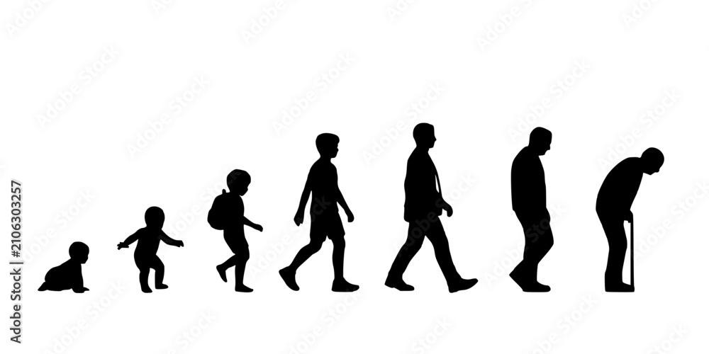 Obraz premium Human Figures Representing Stages of Life and Aging in Silhouette Style Featuring Black, White, Progression with Growth
