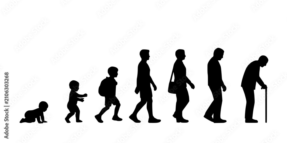 Obraz premium Human Life Stages Depicted in Silhouette From Baby to Elderly Person with Cane Featuring Toddler, Child, Adult with Progression
