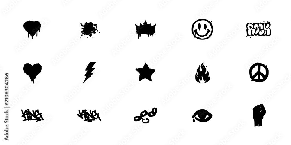 Obraz premium Symbols Featuring Graffiti-Style Icons Including Hearts, Peace Signs, and Flames in Black and White Featuring Lightning, Stars