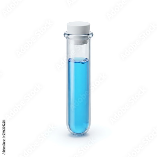 3D medical test tube with blue liquid. Laboratory glass vial icon.