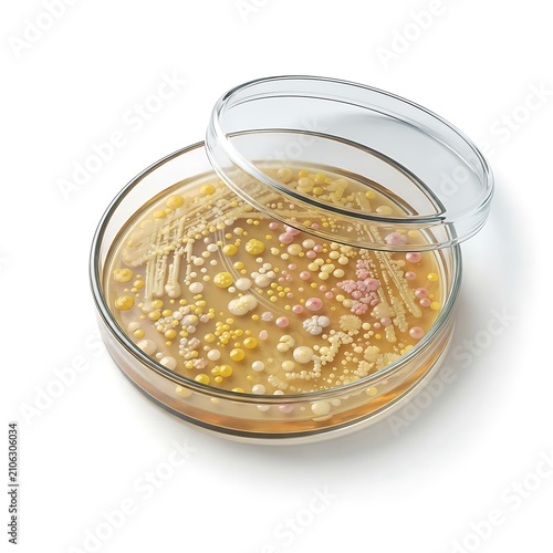 Petri dish with bacterial culture. Microbiology lab sample with growing colonies.