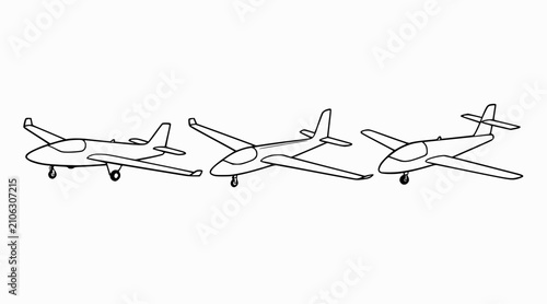 Three Outline Airplanes Lined Up for Flight Training or Aviation Concepts